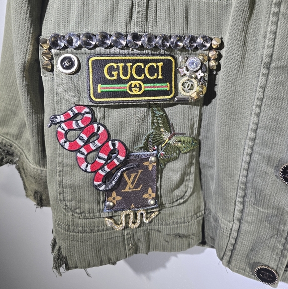 Military jacket size xl, designer inspired patchwork jacket, womens - Picture 6 of 11